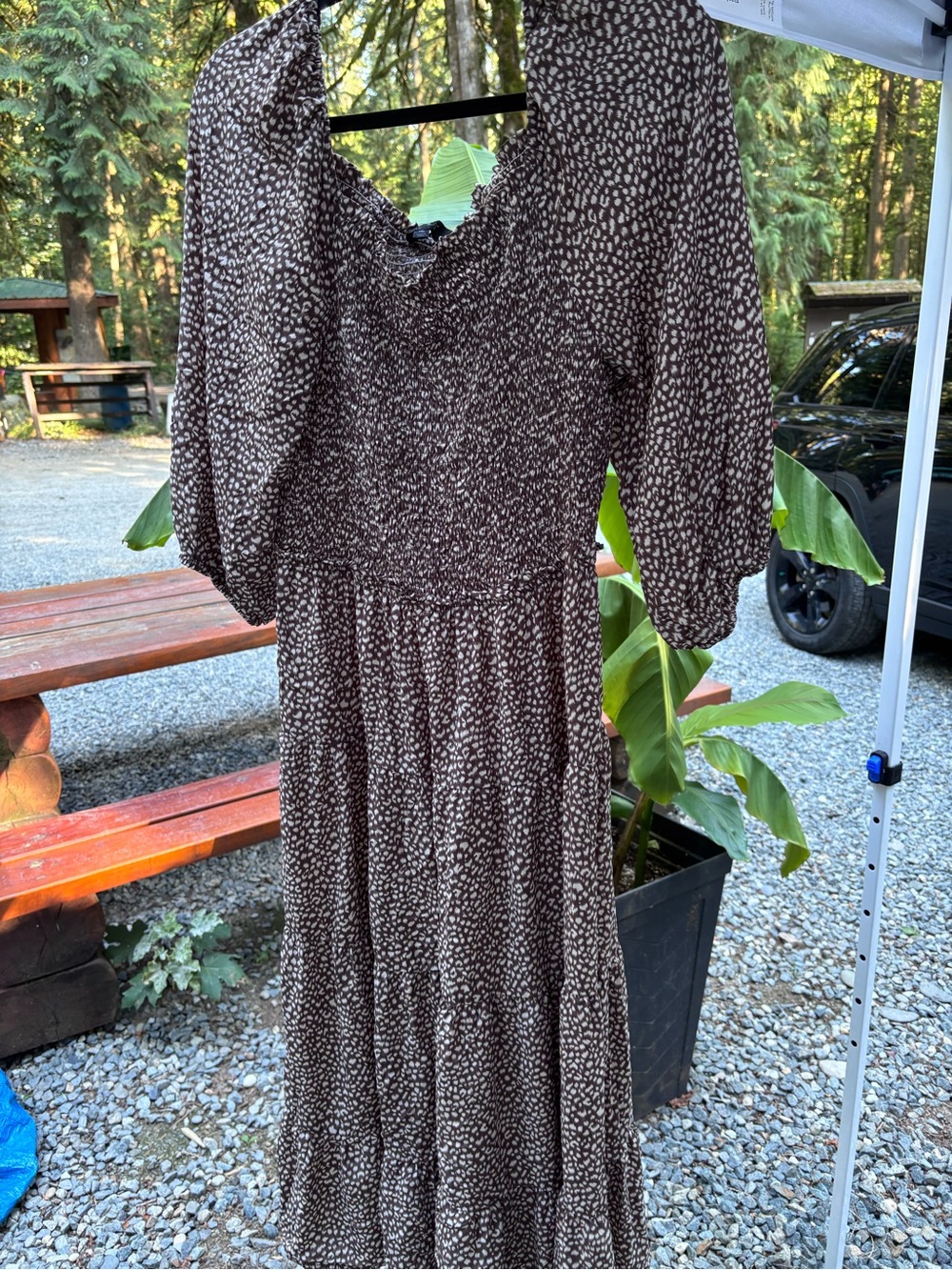 ODDY Brown Printed Smocked Tiered Midi Dress